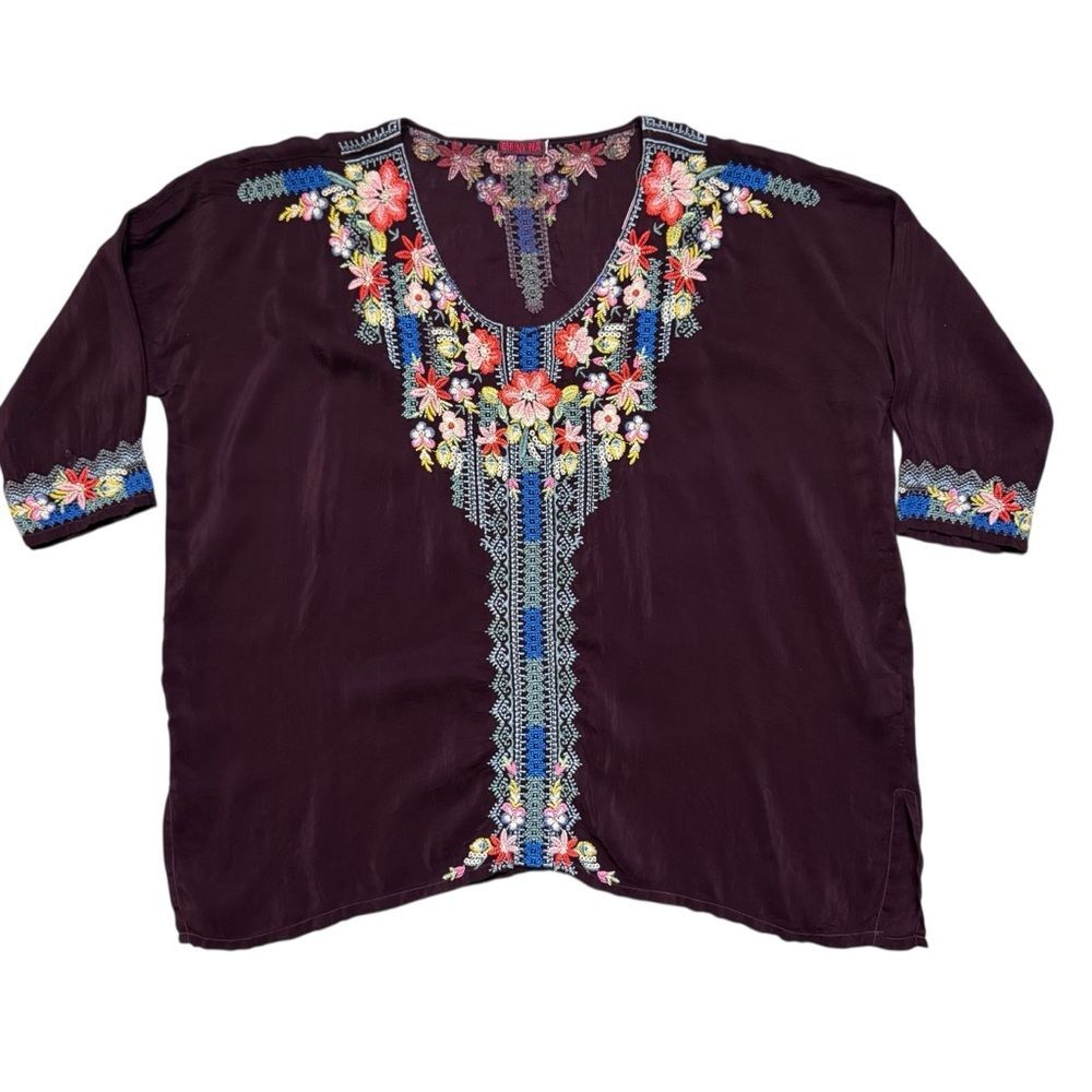 Johnny Was Rosa Tunic Embroidered Pullover Plum Merlot Boho Bohemian Size XS